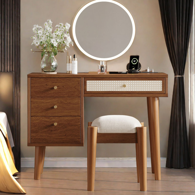 3 Pieces Retro Bedroom Set with Wood Queen Size Bed Frame With Headboard 1 Drawer Small Nightstand And 4 Drawer Small Makeup Vanity Walnut